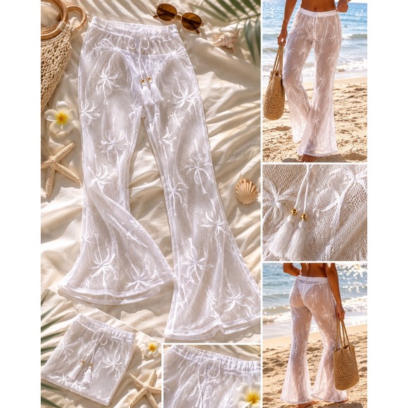 Miken Swim Other - Miken Swim White Mesh Palm Tree Flare Beach Cover Up Pants Small I6068K073R4